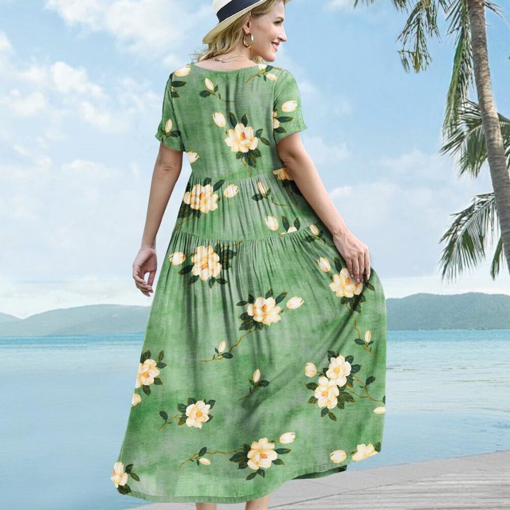 Women Casual Loose Bohemian Floral Dress with Pockets Short Sleeve Long Maxi Sum - Picture 5 of 5
